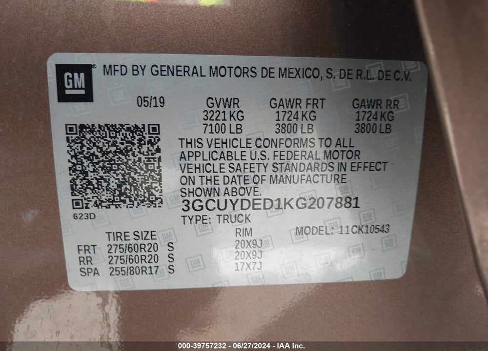 2019 CHEVROLET SILVERADO 1500 LT VIN: 3GCUYDED1KG207881