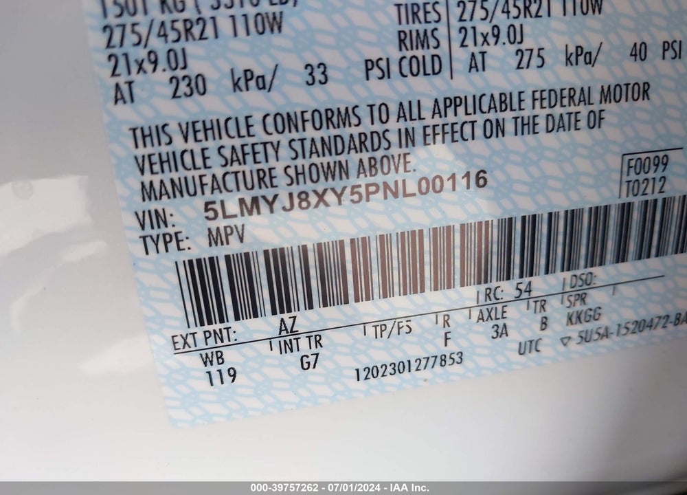 2023 LINCOLN AVIATOR GRAND TOURING VIN: 5LMYJ8XY5PNL00116
