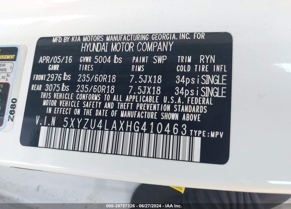 2017 HYUNDAI SANTA FE SPORT 2.0T VIN: 5XYZU4LAXHG410463