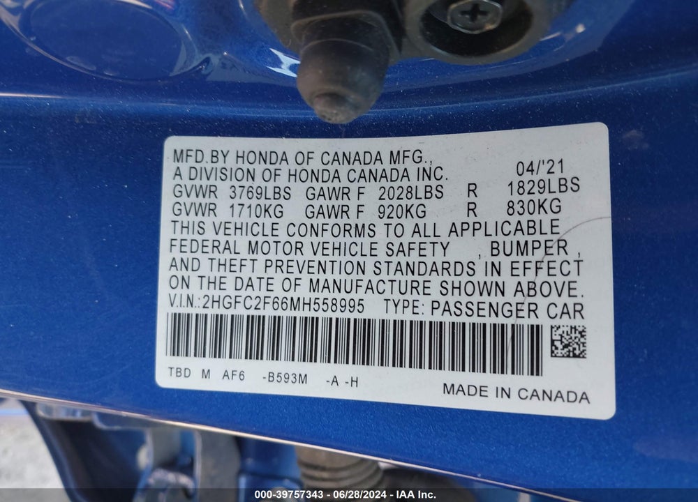 2021 HONDA CIVIC LX VIN: 2HGFC2F66MH558995