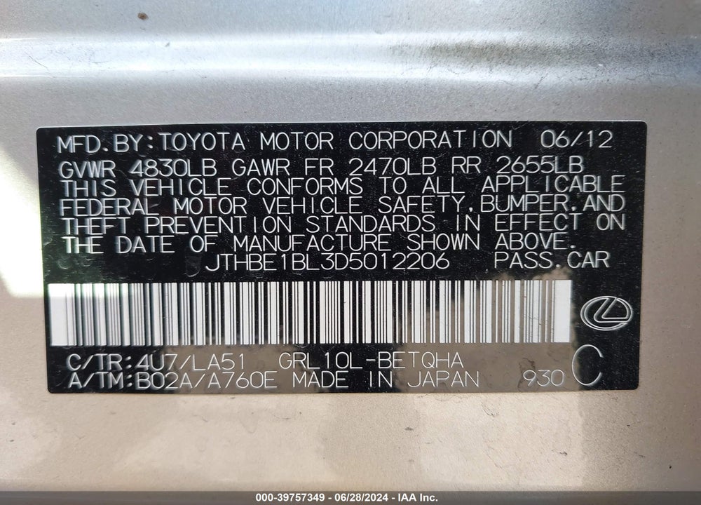 2013 LEXUS GS 350 VIN: JTHBE1BL3D5012206