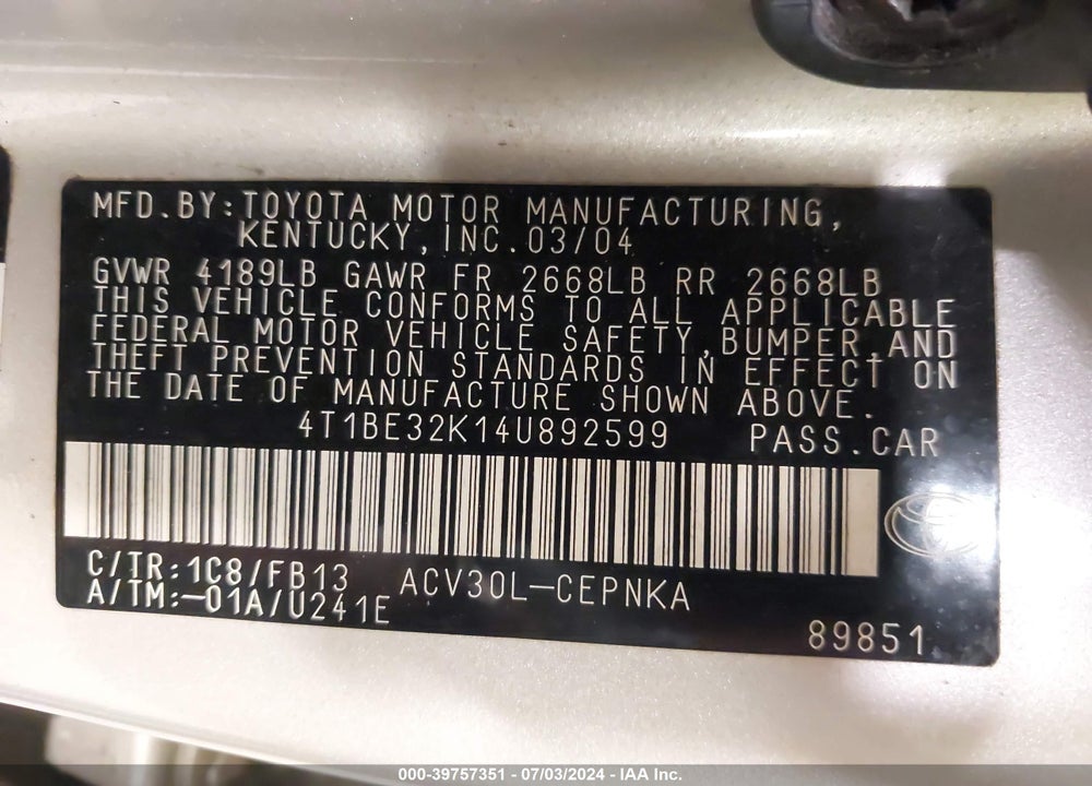 2004 TOYOTA CAMRY LE VIN: 4T1BE32K14U892599