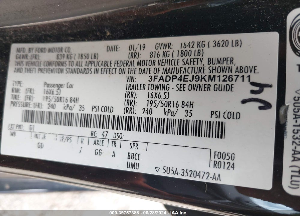 2019 FORD FIESTA SE VIN: 3FADP4EJ9KM126711