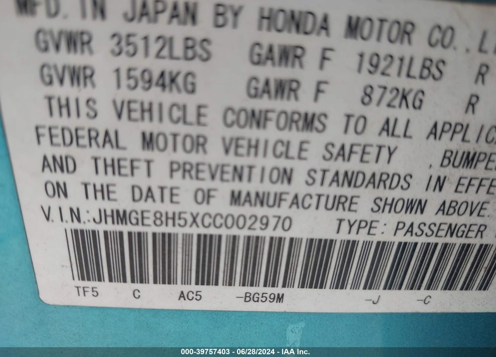 2012 HONDA FIT SPORT VIN: JHMGE8H5XCC002970