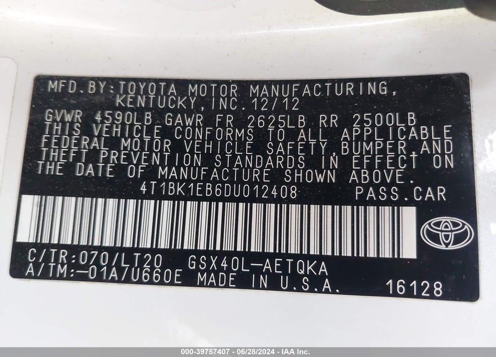 2013 TOYOTA AVALON XLE TOURING VIN: 4T1BK1EB6DU012408