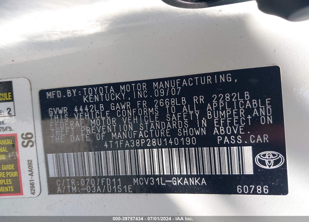 2008 TOYOTA CAMRY SOLARA SPORT VIN: 4T1FA38P28U140190