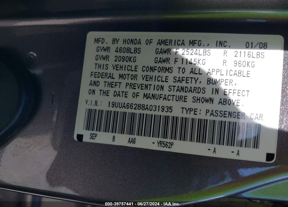 2008 ACURA TL 3.2 VIN: 19UUA66288A031935