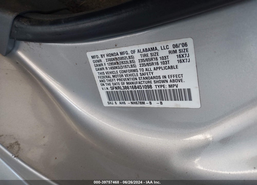 2006 HONDA ODYSSEY EX-L VIN: 5FNRL38616B451098