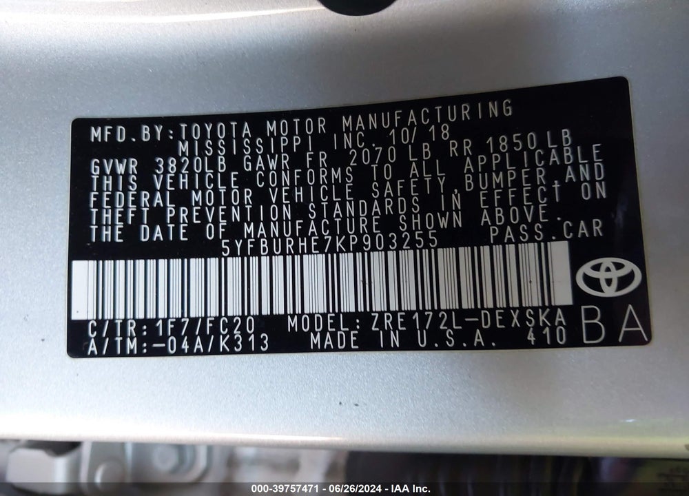 2019 TOYOTA COROLLA SE VIN: 5YFBURHE7KP903255