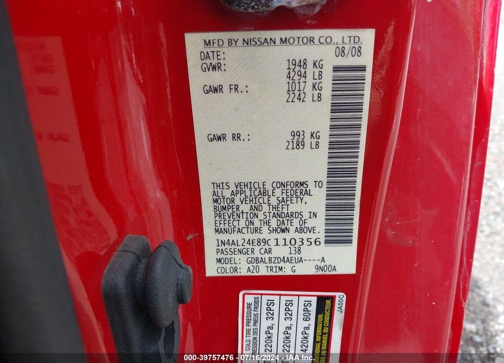 2009 NISSAN ALTIMA 2.5 S VIN: 1N4AL24E89C110356