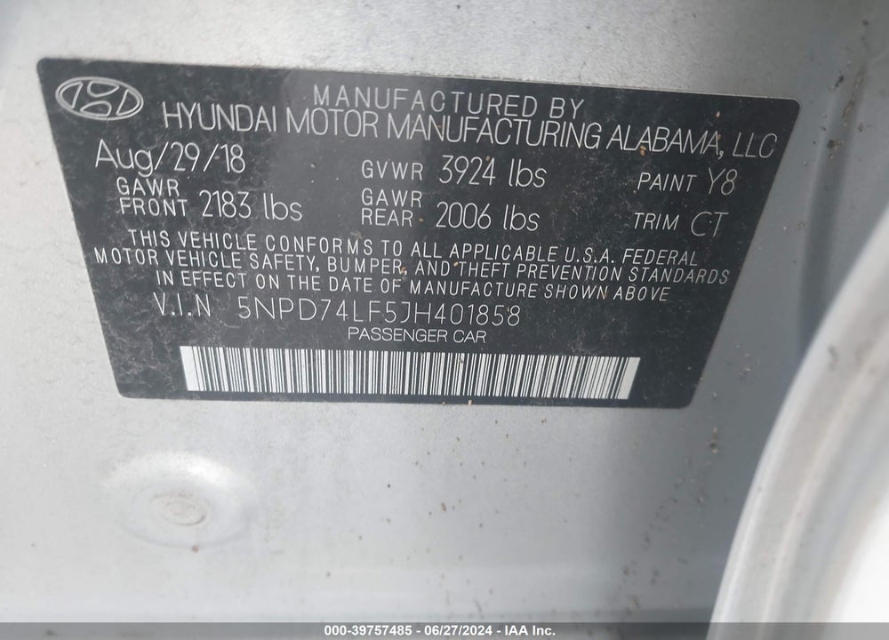 2018 HYUNDAI ELANTRA SE VIN: 5NPD74LF5JH401858
