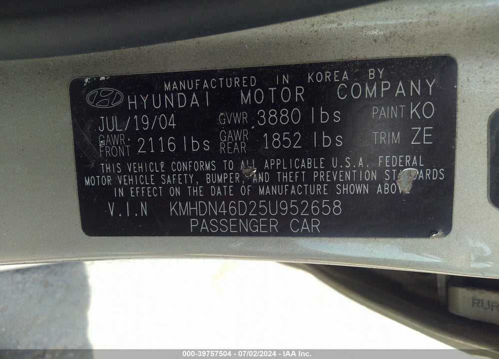 2005 HYUNDAI ELANTRA GLS/GT VIN: KMHDN46D25U952658