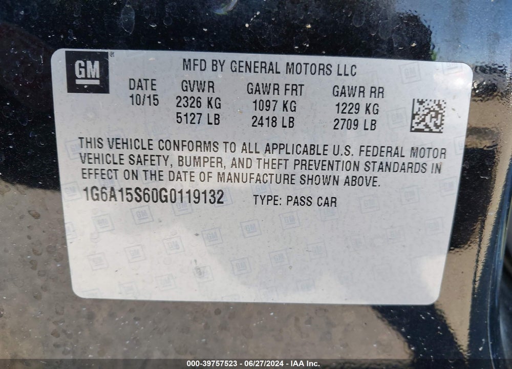 2016 CADILLAC CTS-V VIN: 1G6A15S60G0119132