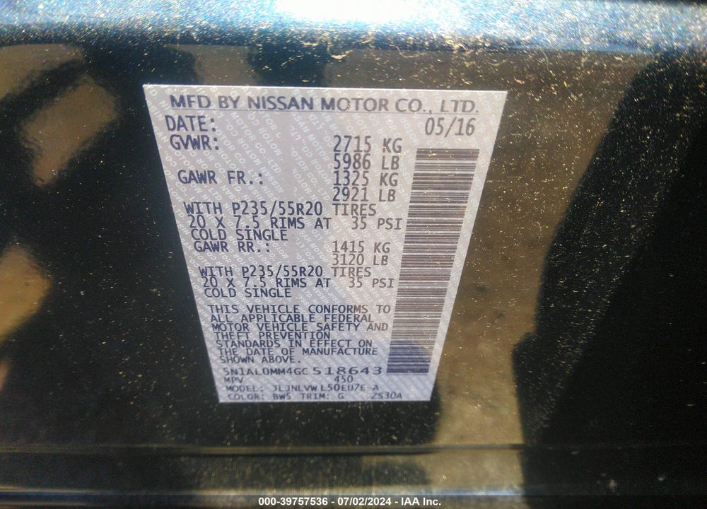 2016 INFINITI QX60 VIN: 5N1AL0MM4GC518643