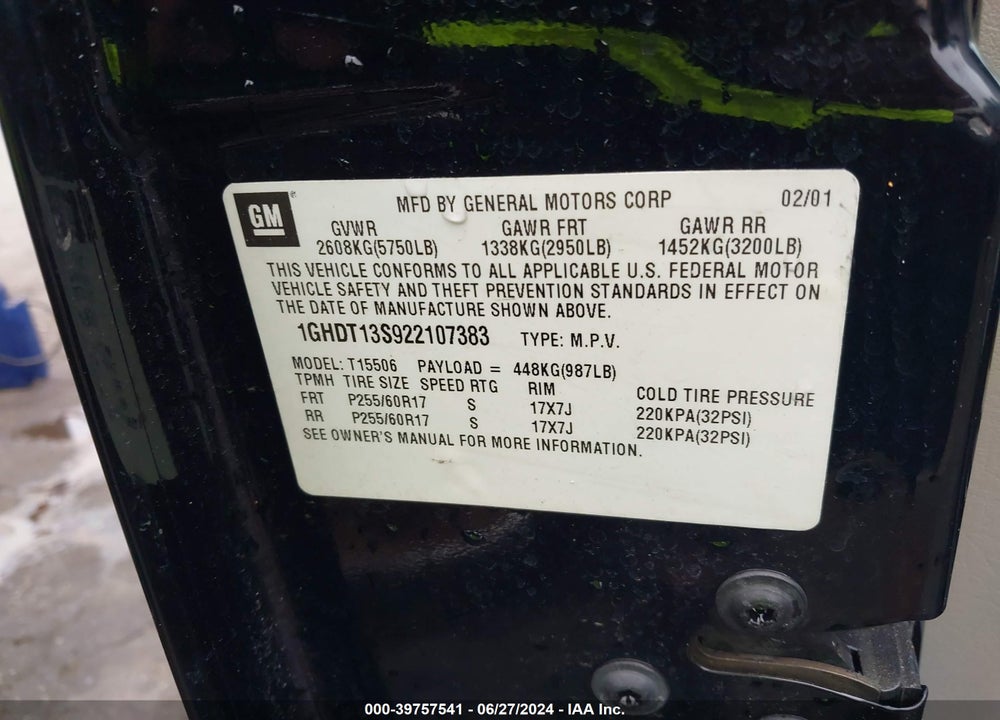 2002 OLDSMOBILE BRAVADA VIN: 1GHDT13S922107383