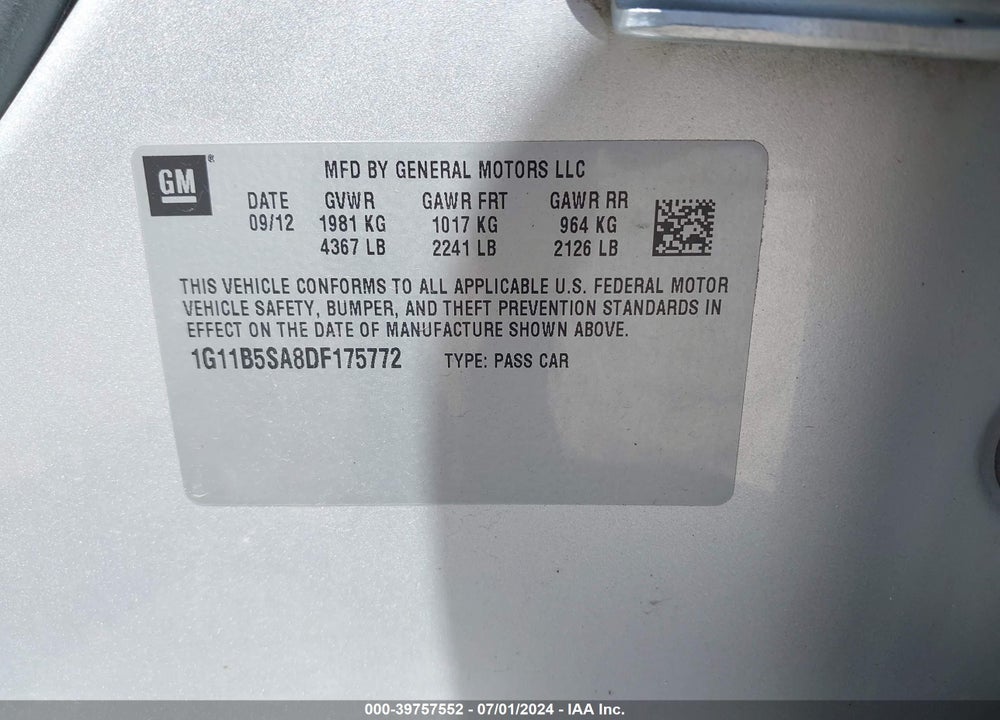2013 CHEVROLET MALIBU 1LS VIN: 1G11B5SA8DF175772