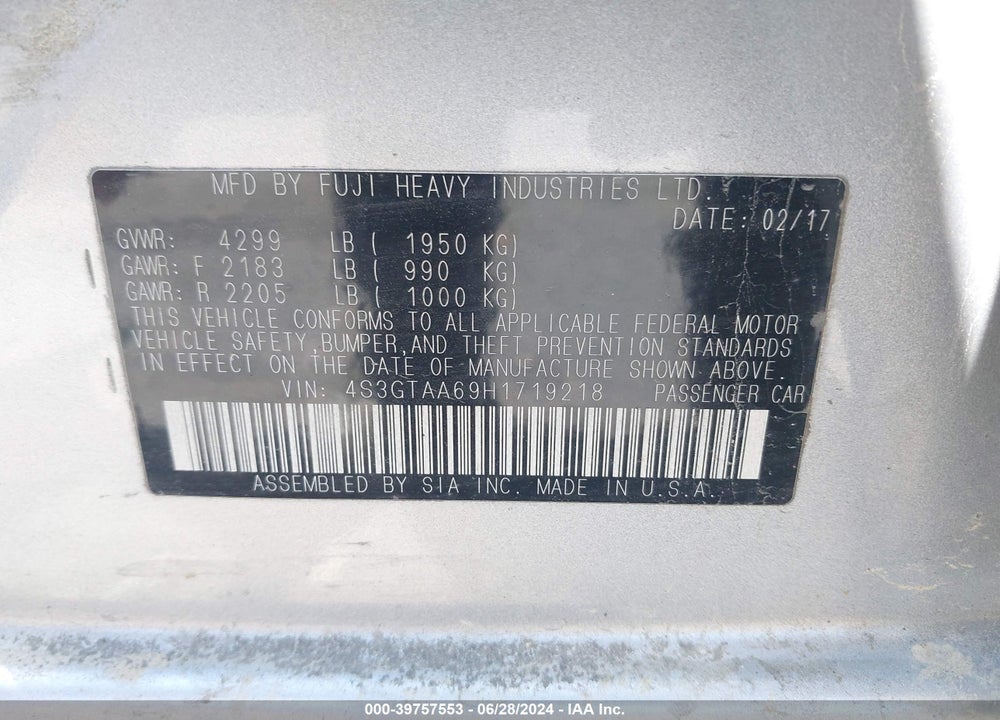 2017 SUBARU IMPREZA 2.0I VIN: 4S3GTAA69H1719218