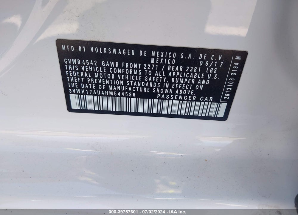 2017 VOLKSWAGEN GOLF ALLTRACK TSI S/TSI SE/TSI SEL VIN: 3VWH17AU4HM544596