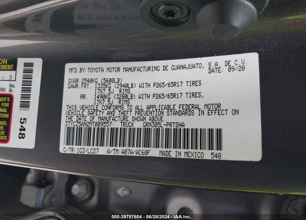 2021 TOYOTA TACOMA VIN: 3TYCZ5AN2MT009557