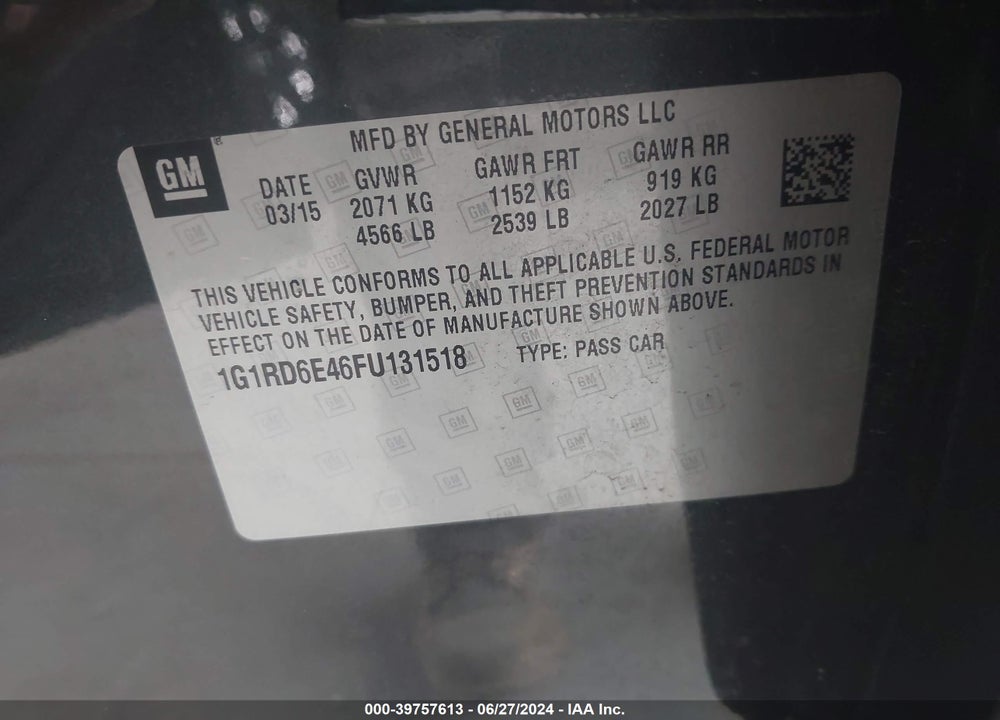 2015 CHEVROLET VOLT VIN: 1G1RD6E46FU131518