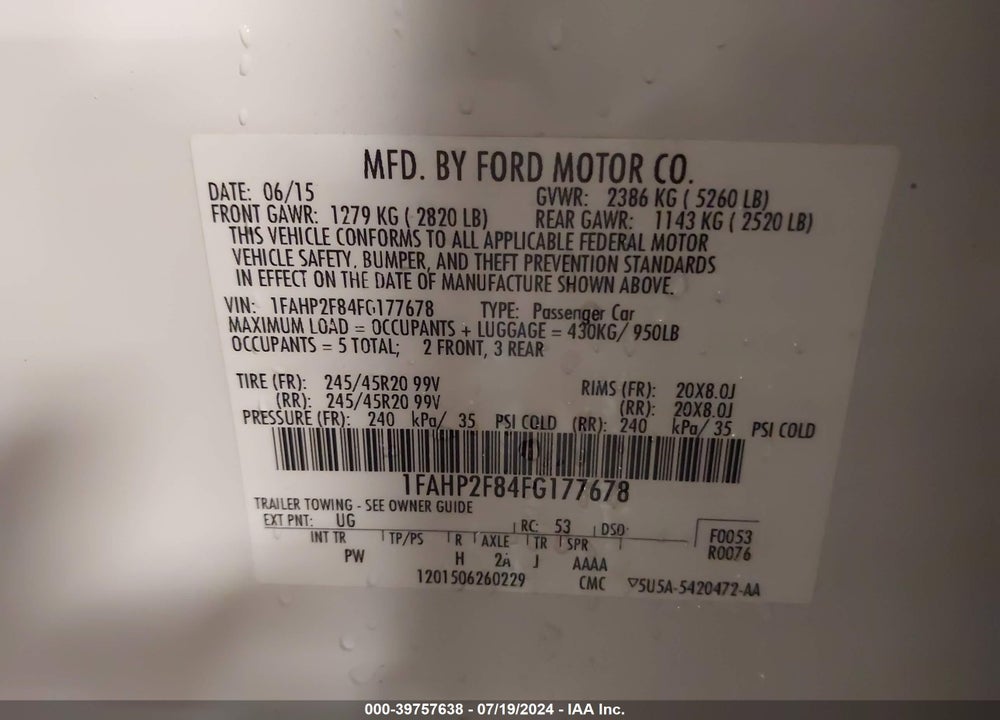2015 FORD TAURUS LIMITED VIN: 1FAHP2F84FG177678