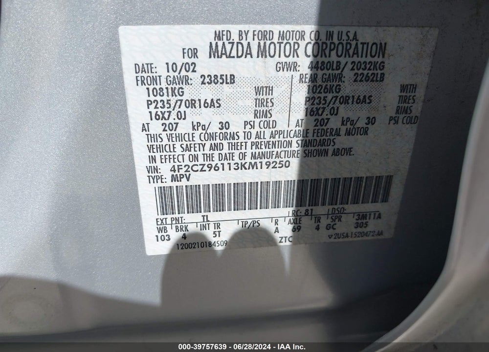 2003 MAZDA TRIBUTE ES V6 VIN: 4F2CZ96113KM19250