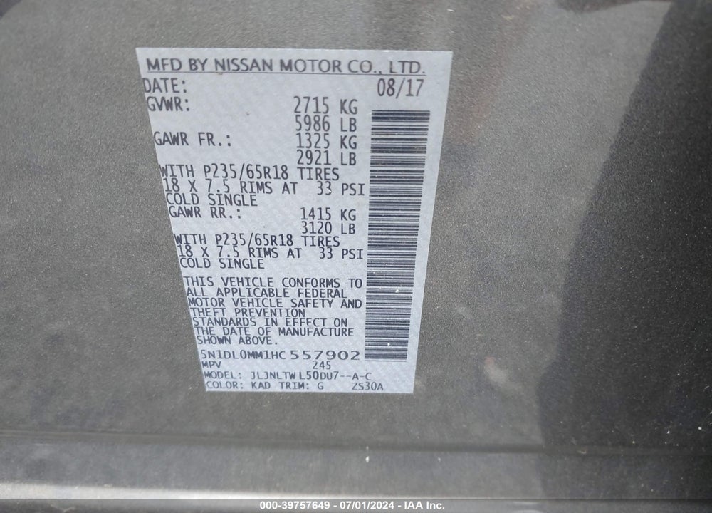 2017 INFINITI QX60 VIN: 5N1DL0MM1HC557902