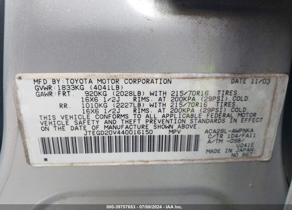 2004 TOYOTA RAV4 VIN: JTEGD20V440016150