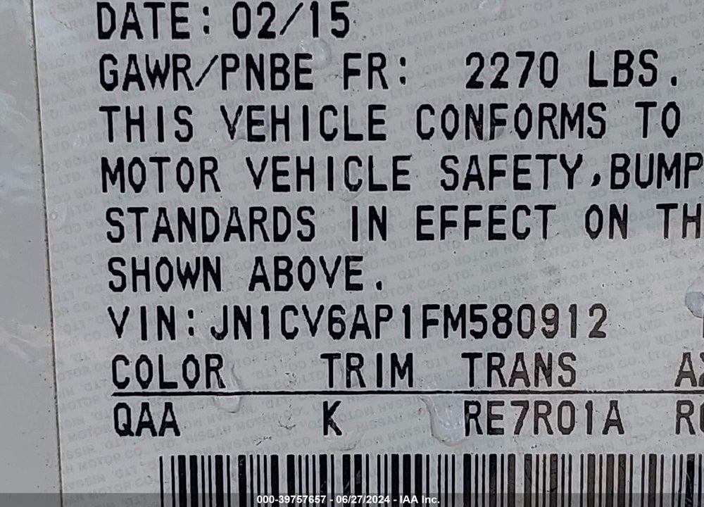2015 INFINITI Q40 VIN: JN1CV6AP1FM580912