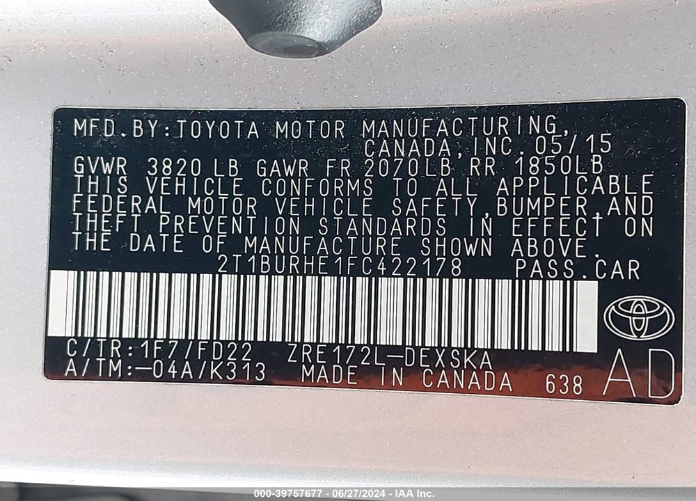 2015 TOYOTA COROLLA S PLUS VIN: 2T1BURHE1FC422178