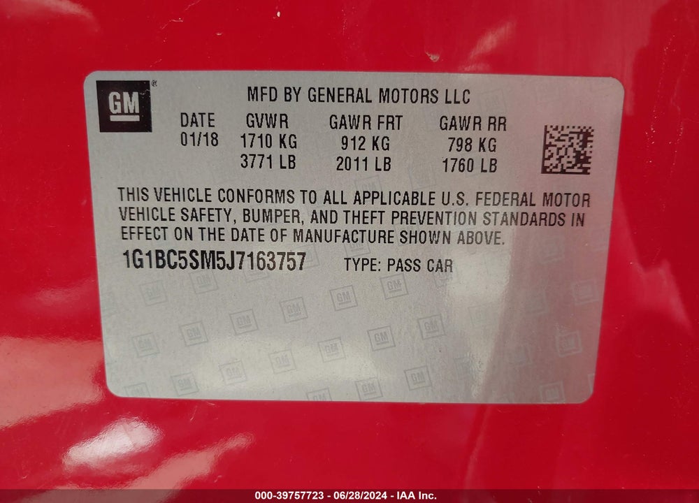 2018 CHEVROLET CRUZE LS AUTO VIN: 1G1BC5SM5J7163757