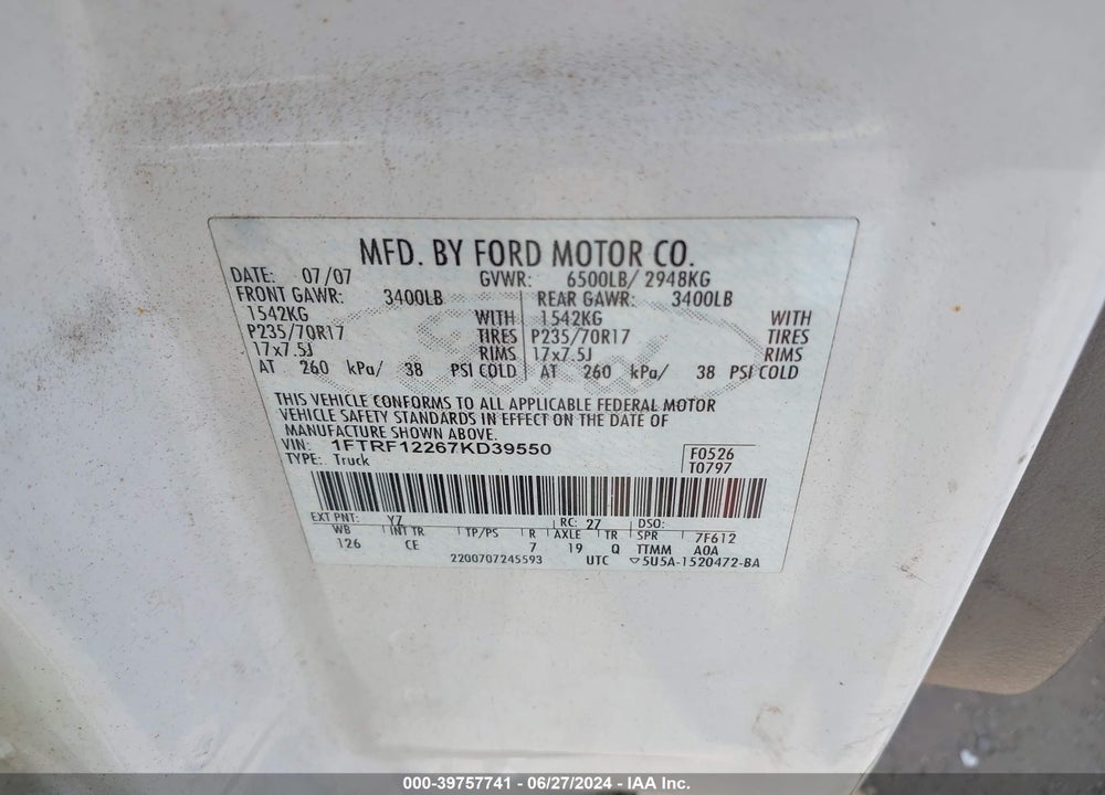 2007 FORD F-150 STX/XL/XLT VIN: 1FTRF12267KD39550