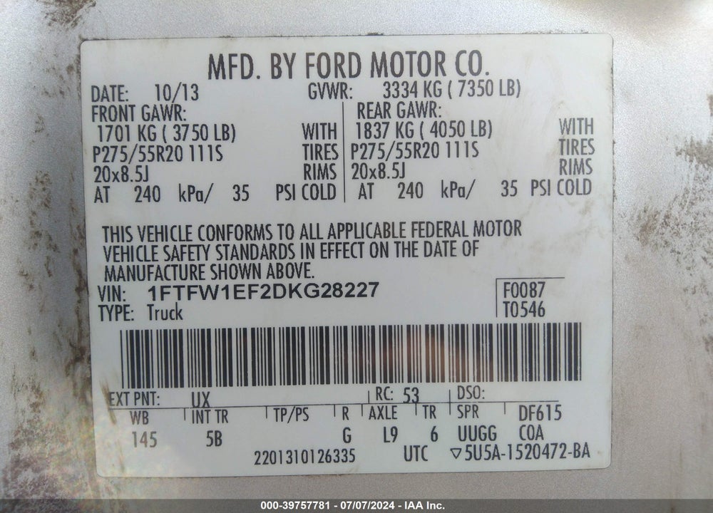 2013 FORD F-150 FX4 VIN: 1FTFW1EF2DKG28227