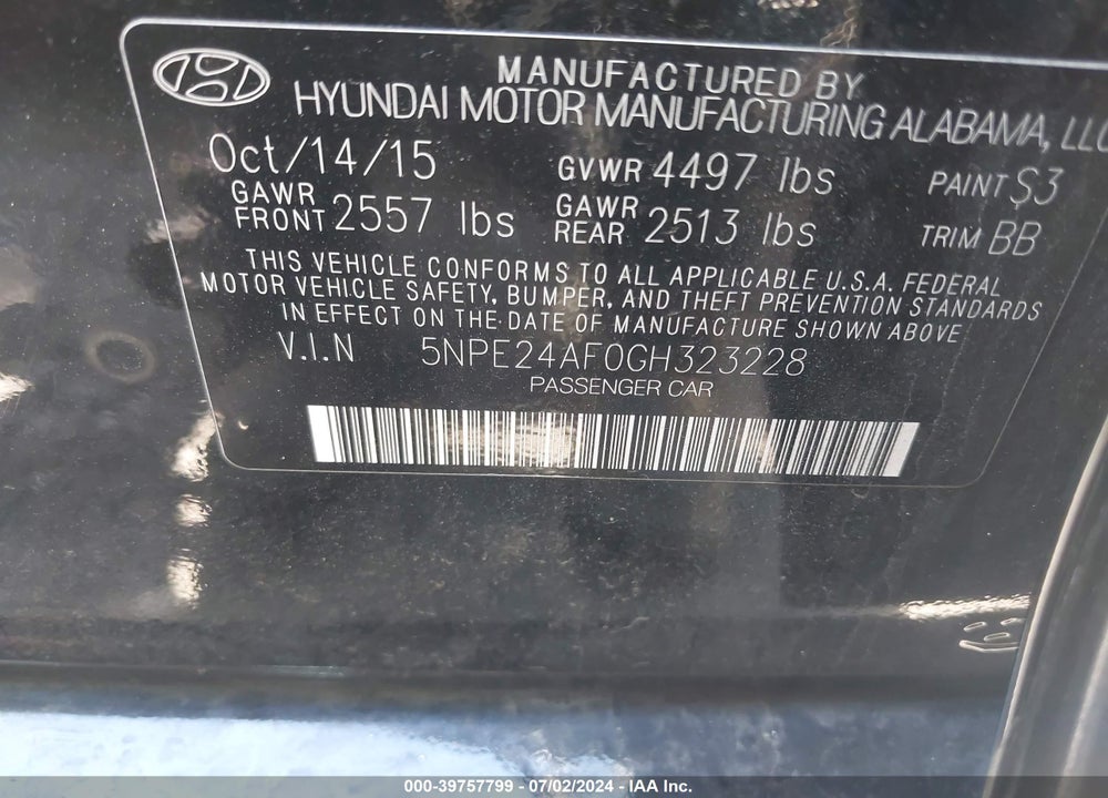 2016 HYUNDAI SONATA VIN: 5NPE24AF0GH323228