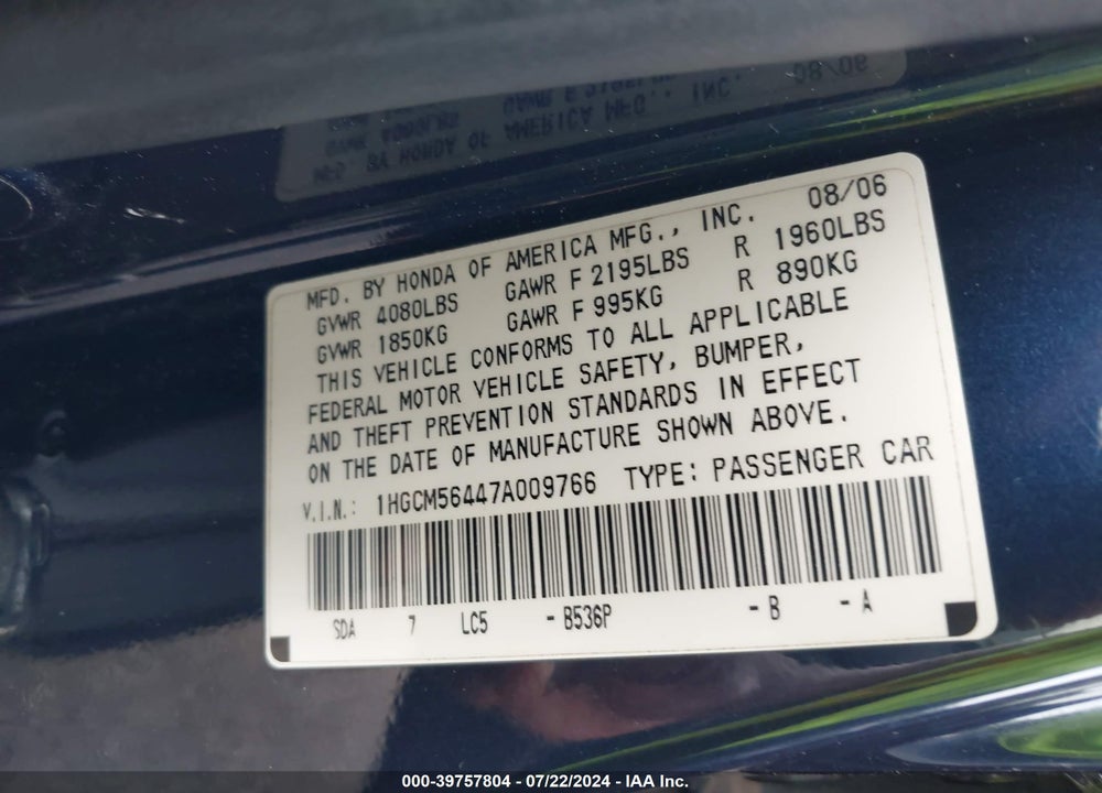 2007 HONDA ACCORD 2.4 LX VIN: 1HGCM56447A009766