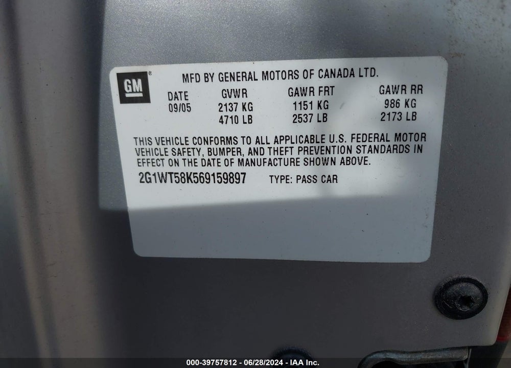 2006 CHEVROLET IMPALA LT VIN: 2G1WT58K569159897