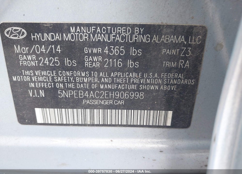 2014 HYUNDAI SONATA GLS VIN: 5NPEB4AC2EH906998