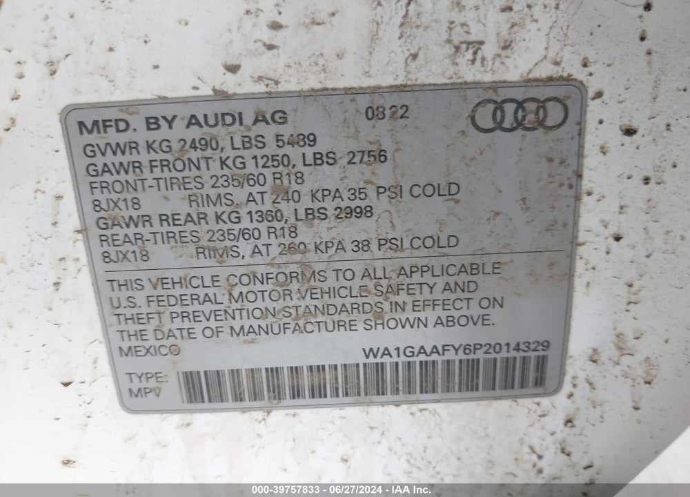 2023 AUDI Q5 PREMIUM 45 TFSI S LINE QUATTRO VIN: WA1GAAFY6P2014329