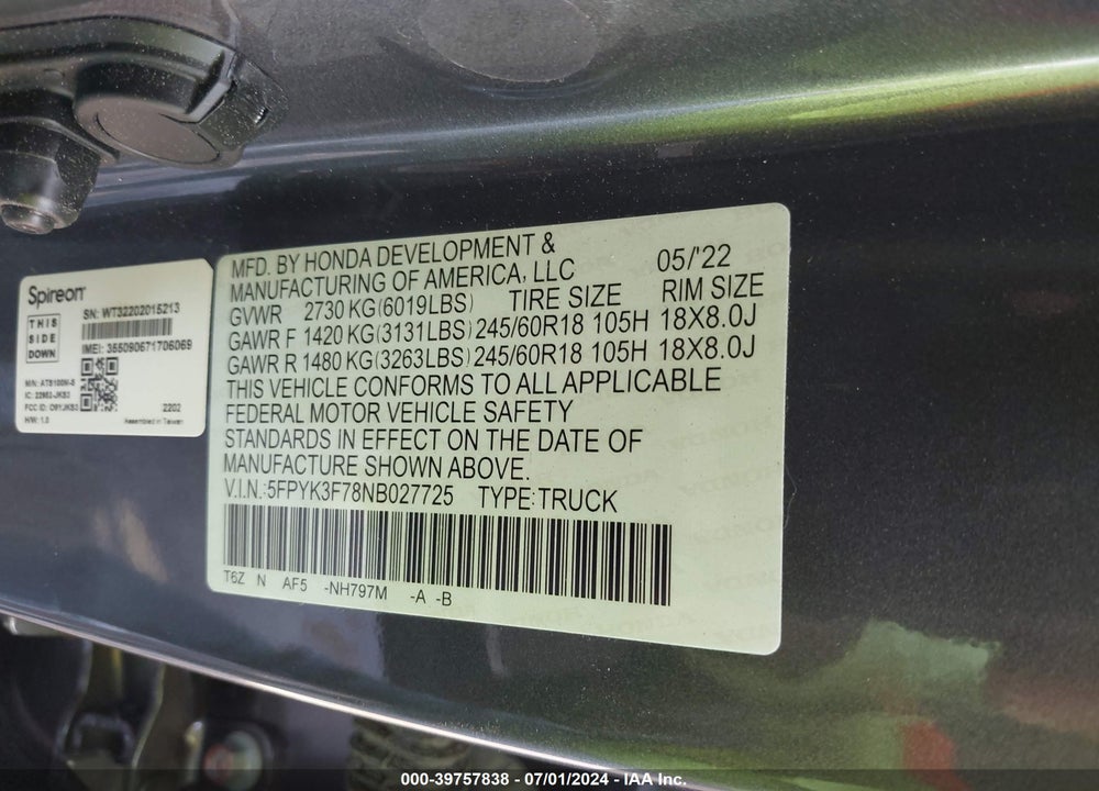 2022 HONDA RIDGELINE RTL-E VIN: 5FPYK3F78NB027725