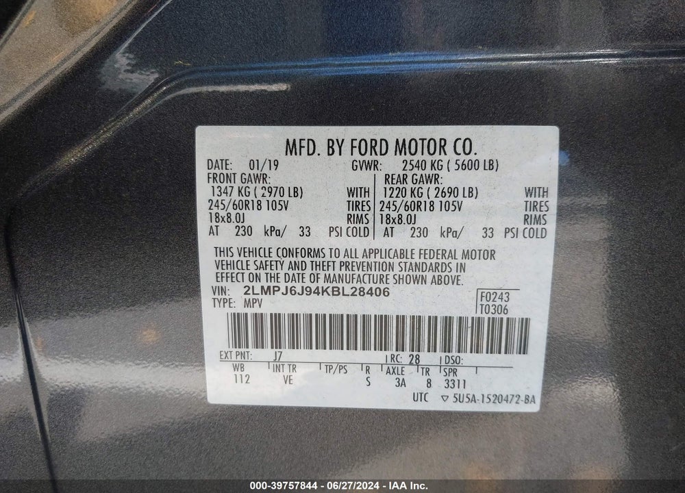 2019 LINCOLN NAUTILUS STANDARD VIN: 2LMPJ6J94KBL28406