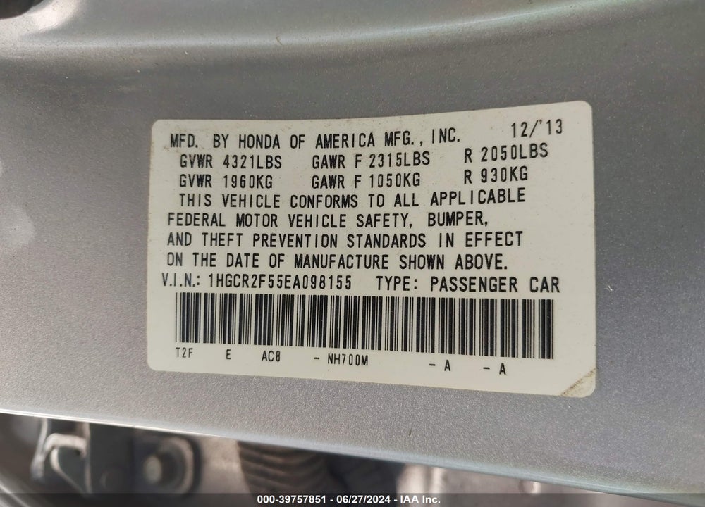 2014 HONDA ACCORD SPORT VIN: 1HGCR2F55EA098155