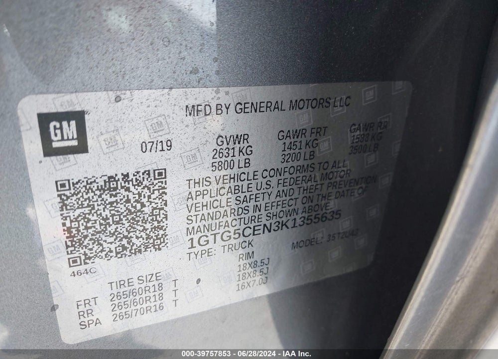 2019 GMC CANYON SLE VIN: 1GTG5CEN3K1355635
