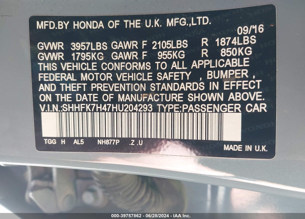 2017 HONDA CIVIC SPORT VIN: SHHFK7H47HU204293