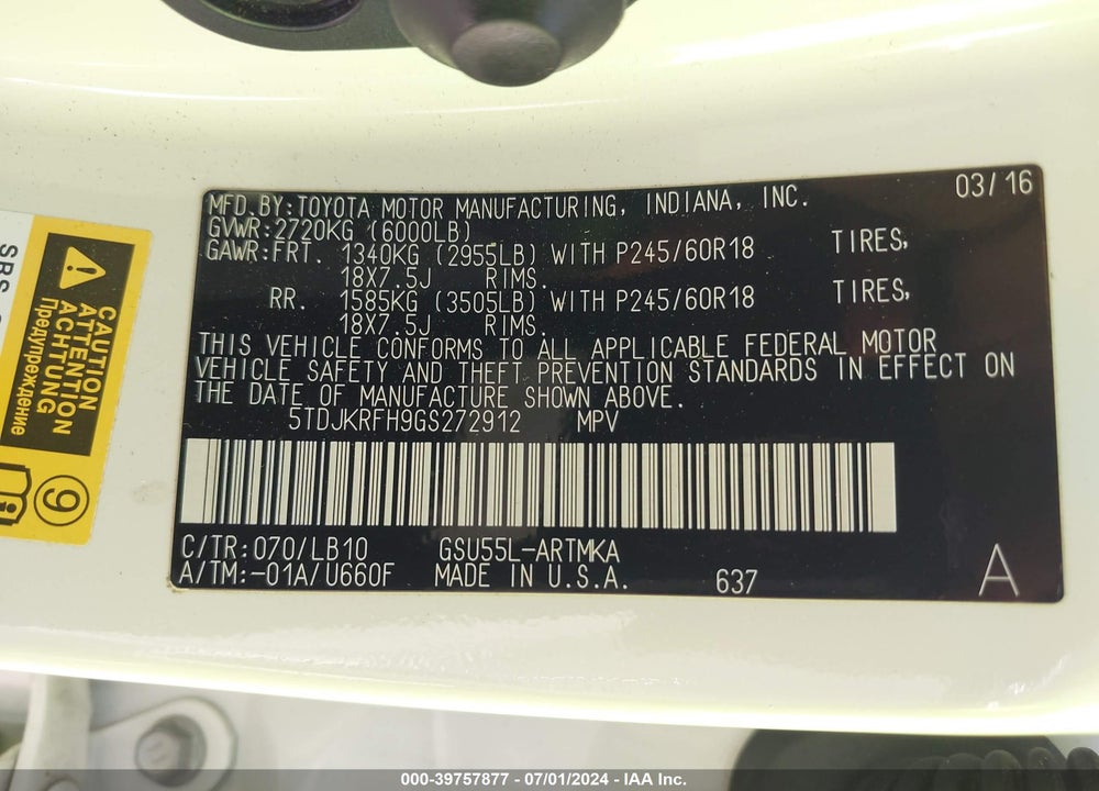 2016 TOYOTA HIGHLANDER XLE V6 VIN: 5TDJKRFH9GS272912
