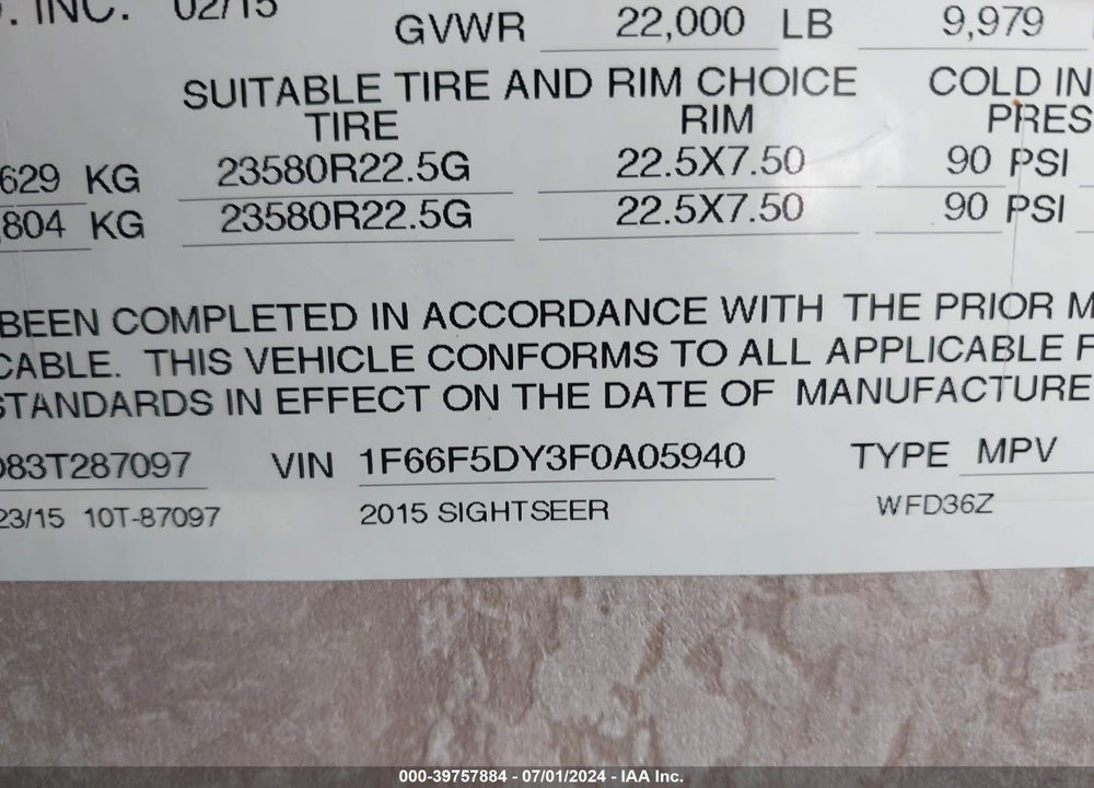 2015 FORD F53 VIN: 1F66F5DY3F0A05940