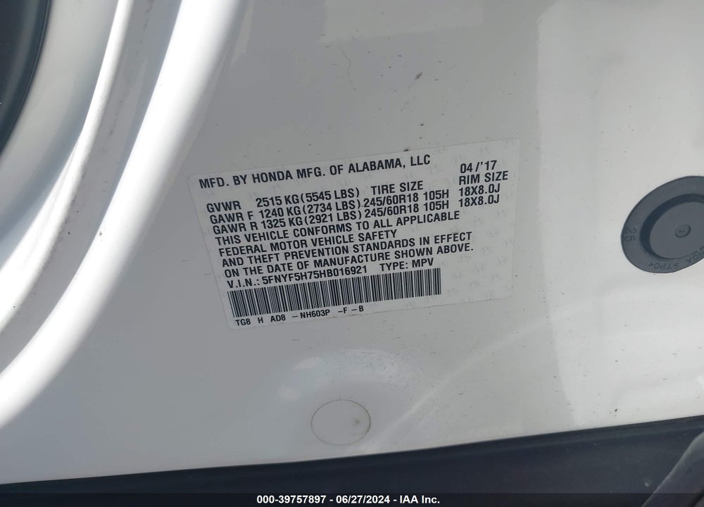 2017 HONDA PILOT EX-L VIN: 5FNYF5H75HB016921