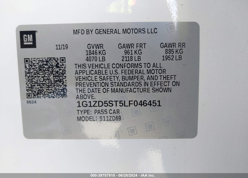 2020 CHEVROLET MALIBU FWD LT VIN: 1G1ZD5ST5LF046451