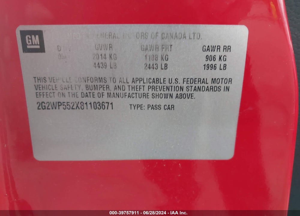 2008 PONTIAC GRAND PRIX VIN: 2G2WP552X81103671