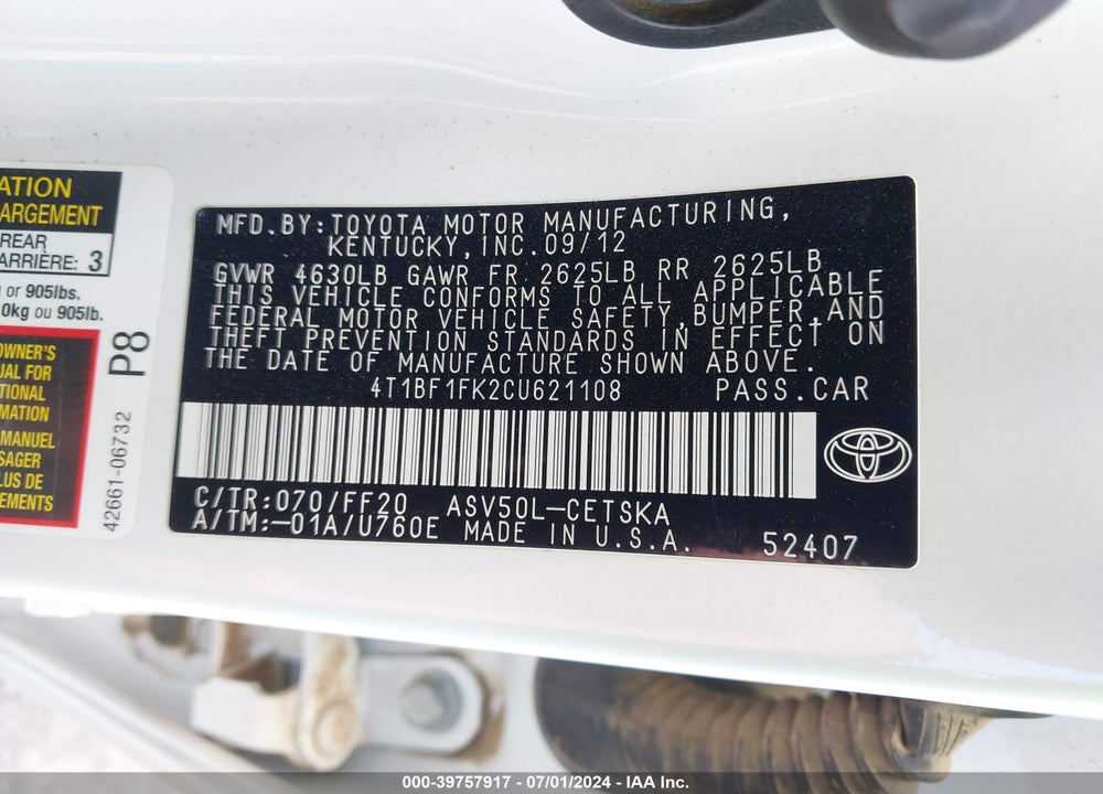 2012 TOYOTA CAMRY VIN: 4T1BF1FK2CU621108