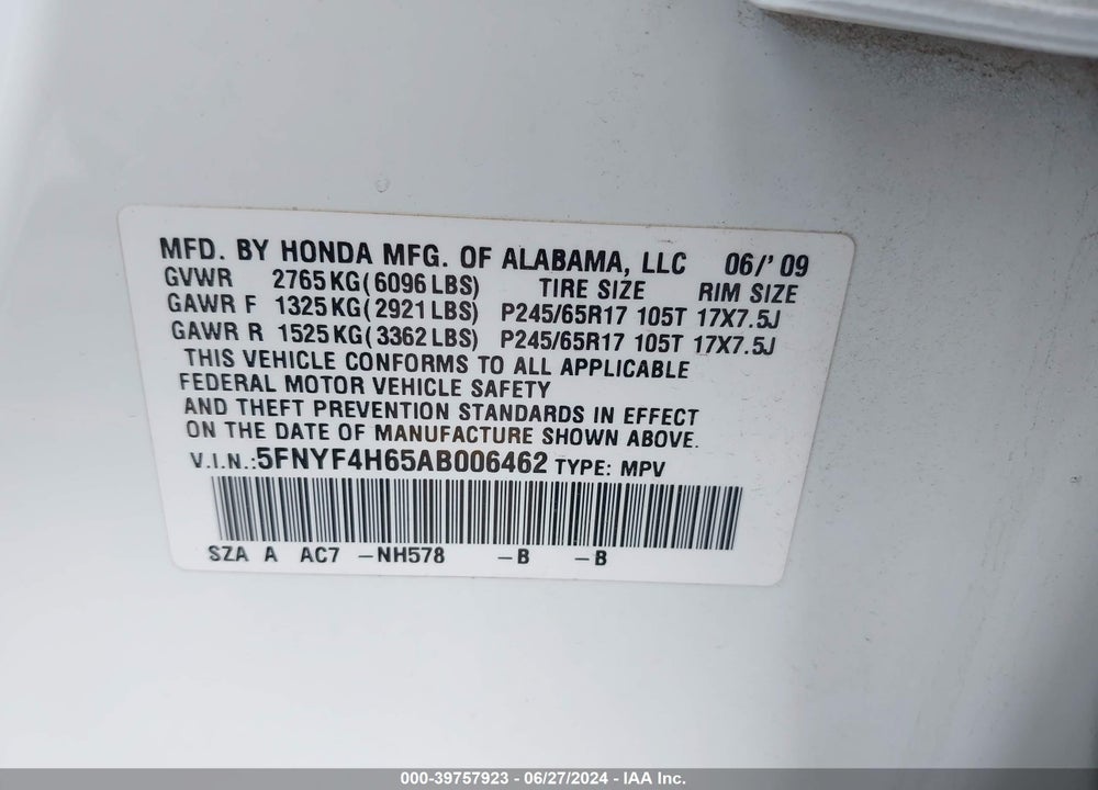 2010 HONDA PILOT EX-L VIN: 5FNYF4H65AB006462